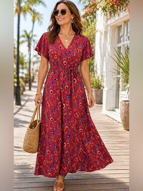 BROOKE SHIELDS Timeless Short Sleeve Faux-Wrap Maxi Dress. Size 1X Petite.